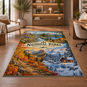 National parks through the seasons rug in a sitting room with an armchair