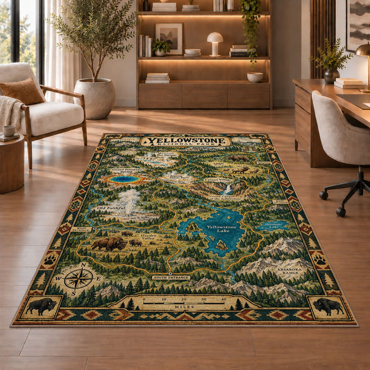 Illustrated Yellowstone park map rug in a sitting room with an armchair