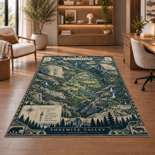 Illustrated Yosemite Valley map rug in a sitting room with an armchair