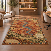Grand Canyon South Rim map rug in a sitting room with an armchair