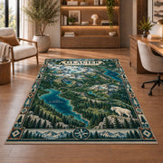Illustrated Glacier National Park map rug in a sitting room with an armchair