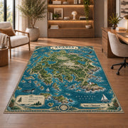 Illustrated Acadia coastal map rug in a sitting room with an armchair