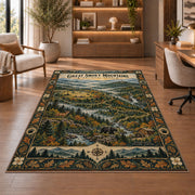 Illustrated Great Smoky Mountains map rug in a sitting room with an armchair