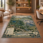 Illustrated Rocky Mountain park map rug in a sitting room with an armchair