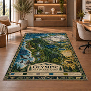 Illustrated Olympic National Park map rug in a sitting room with an armchair