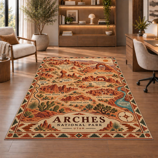 Illustrated Arches National Park map rug in a sitting room with an armchair
