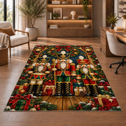 Three Nutcracker Soldiers Rug in a home office with wooden shelves
