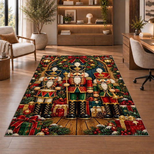 Three Nutcracker Soldiers Rug in a home office with wooden shelves