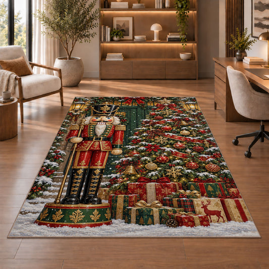 Nutcracker and Christmas Tree Rug in a home office with wooden shelves