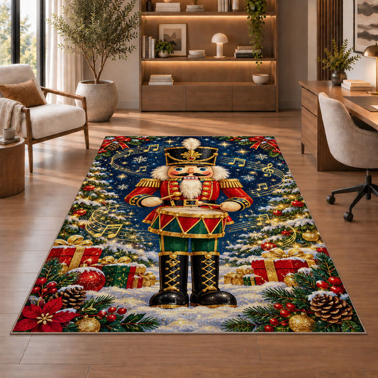 Drummer Nutcracker Rug in a home office with wooden shelves