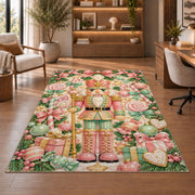 Pastel Pink Nutcracker Rug in a home office with wooden shelves
