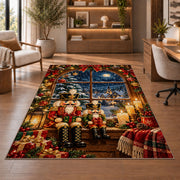 Nutcracker Window Christmas Rug in a home office with wooden shelves