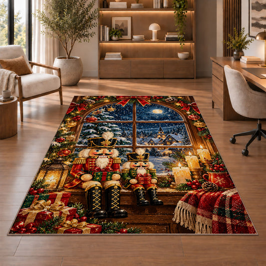 Nutcracker Window Christmas Rug in a home office with wooden shelves