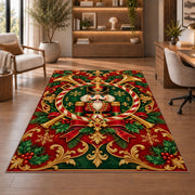 Nutcracker Crest Christmas Rug in a home office with wooden shelves