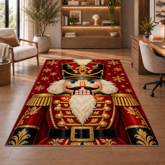 Nutcracker Portrait Christmas Rug in a home office with wooden shelves