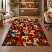 Toy Soldier Parade Christmas Rug in a home office with wooden shelves
