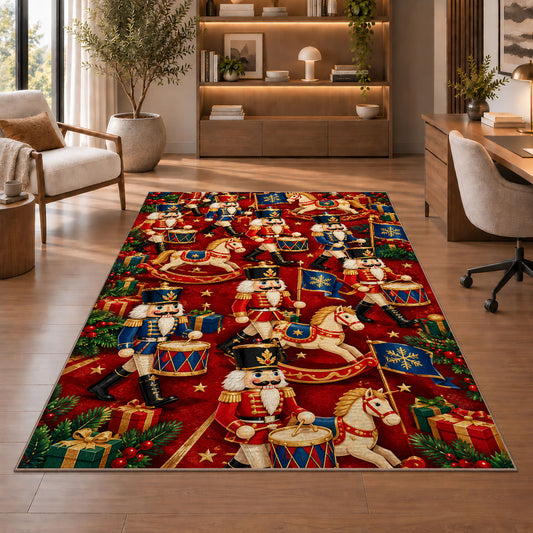 Toy Soldier Parade Christmas Rug in a home office with wooden shelves