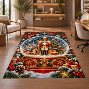 Nutcracker Snow Globe Rug in a home office with wooden shelves