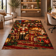 Nutcracker Fireplace Christmas Rug in a home office with wooden shelves