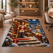 Nutcracker Snowy Cabin Rug in a home office with wooden shelves