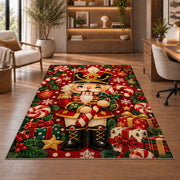 Cute Chibi Nutcracker Rug in a home office with wooden shelves