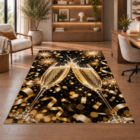 Champagne toast rug in a home office with wooden shelves