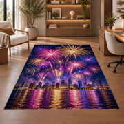 City skyline fireworks rug in a home office with wooden shelves