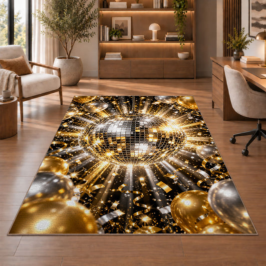 Disco ball and balloons rug in a home office with wooden shelves