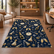 New Year party pattern rug in a home office with wooden shelves