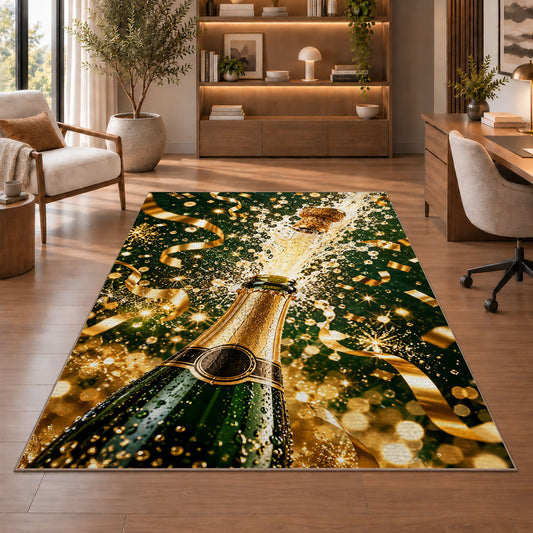 Champagne bottle pop rug in a home office with wooden shelves
