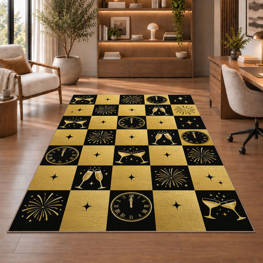 Black and gold checkered New Year rug in a home office with wooden shelves