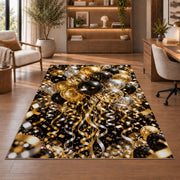 Gold and black balloons rug in a home office with wooden shelves