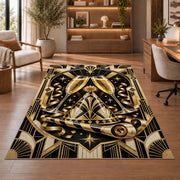 Art deco champagne toast rug in a home office with wooden shelves