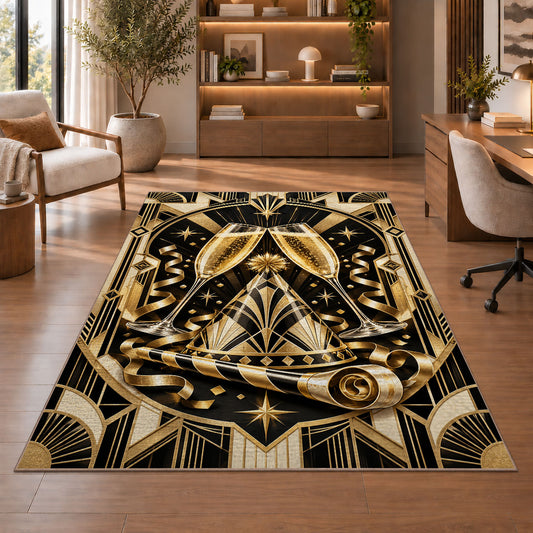 Art deco champagne toast rug in a home office with wooden shelves