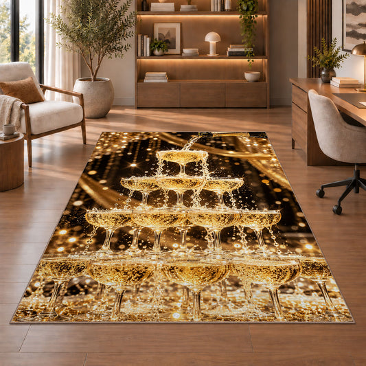 Champagne tower rug in a home office with wooden shelves