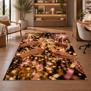 Champagne cheers rug in a home office with wooden shelves