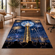 Crystal ball drop rug in a home office with wooden shelves