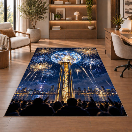 Crystal ball drop rug in a home office with wooden shelves