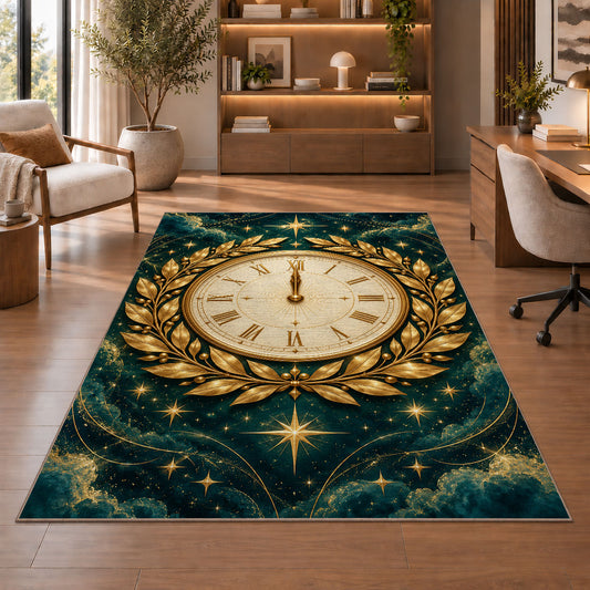 Gold laurel midnight clock rug in a home office with wooden shelves