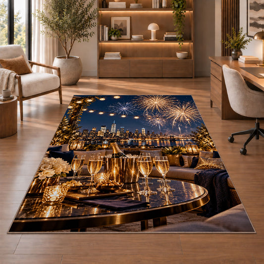 Rooftop party fireworks rug in a home office with wooden shelves