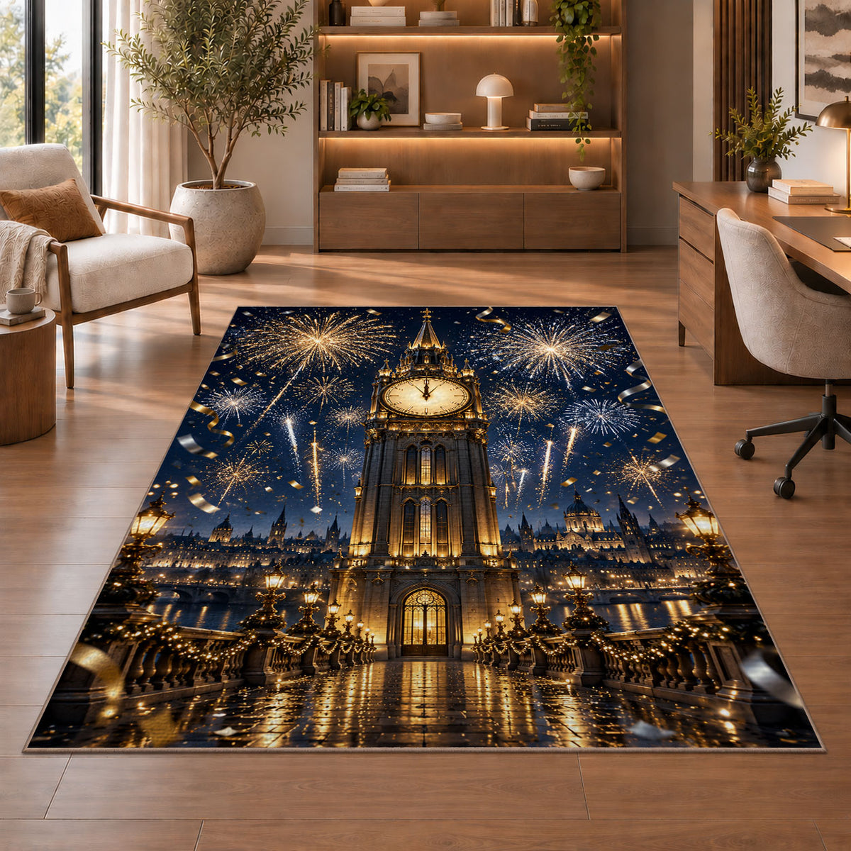 Clock tower midnight fireworks rug in a home office with wooden shelves