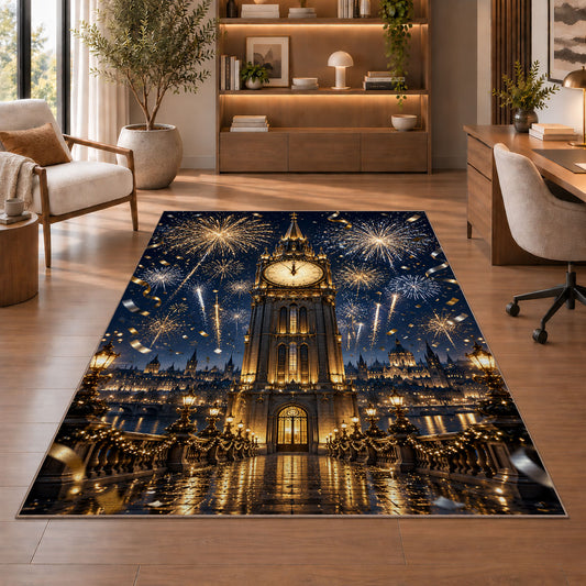 Clock tower midnight fireworks rug in a home office with wooden shelves