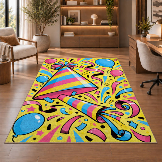 Party hat and noisemaker rug in a home office with wooden shelves