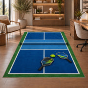 Pickleball Court Rug in a home office with wooden shelves
