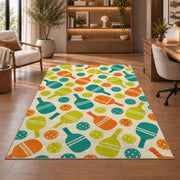Pickleball Pattern Rug in a home office with wooden shelves