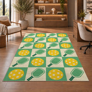 Retro Checkered Pickleball Rug in a home office with wooden shelves