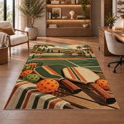 Vintage Pickleball Court Rug in a home office with wooden shelves