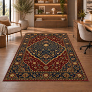 Persian Style Pickleball Rug in a home office with wooden shelves