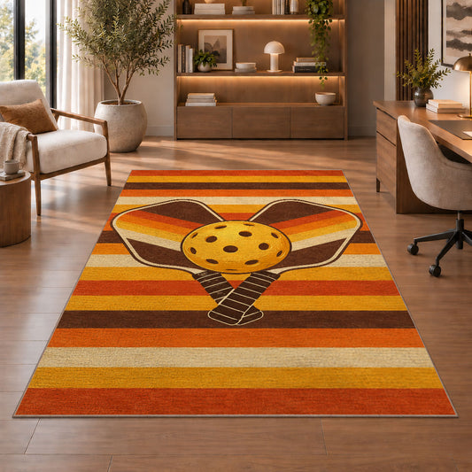 Retro Stripe Pickleball Rug in a home office with wooden shelves