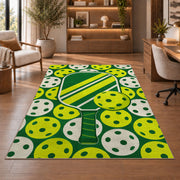 Pickleball Holes Pattern Rug in a home office with wooden shelves